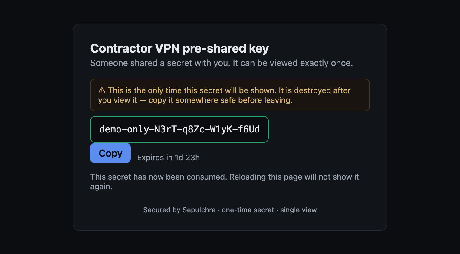 The reveal page for Contractor VPN pre-shared key, showing a demo secret, a Copy button and a warning that this is the only time the secret will be shown.